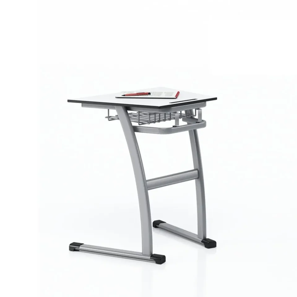 Birou școlar RFG Fila, simplu, trapezoidal, clasa a VIII-a+, 700 x 500 x 750 mm, blat alb, metal gri, set 2 bucăți