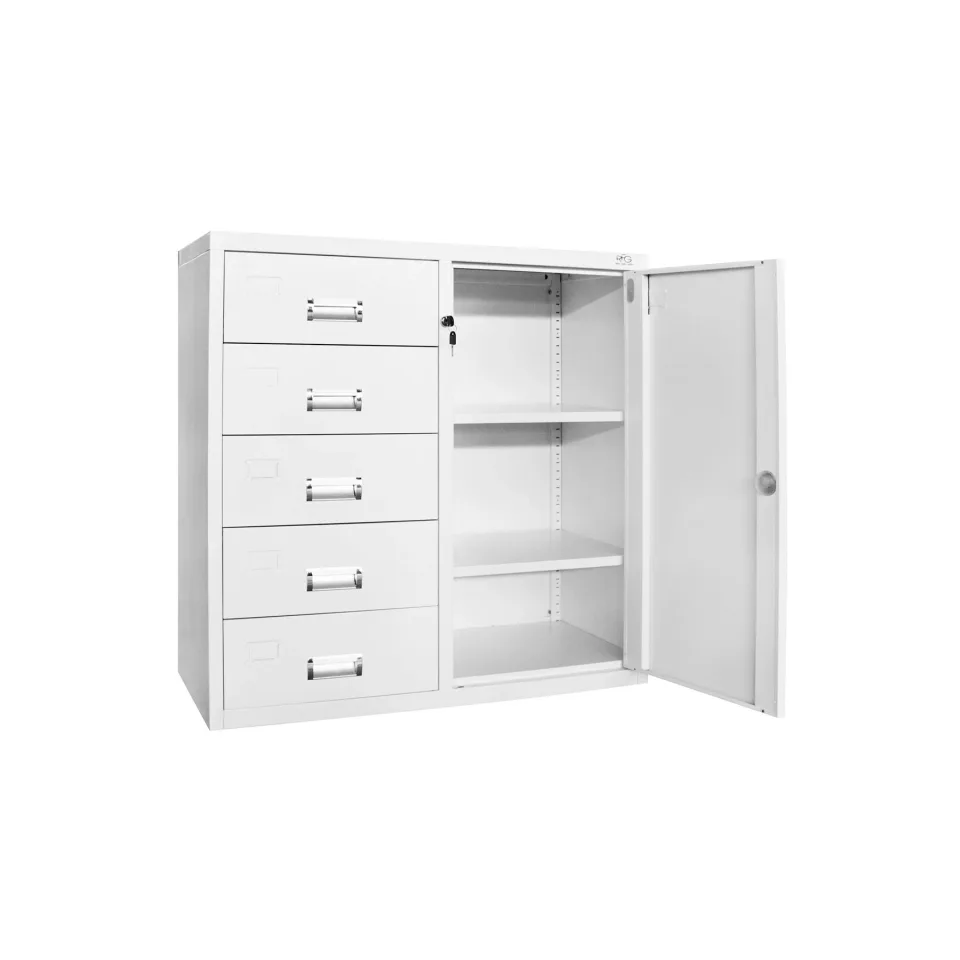 RFG Kardex, metal, 1 x 5 sertare, cu dulap, 90 x 40 x 90 cm, alb