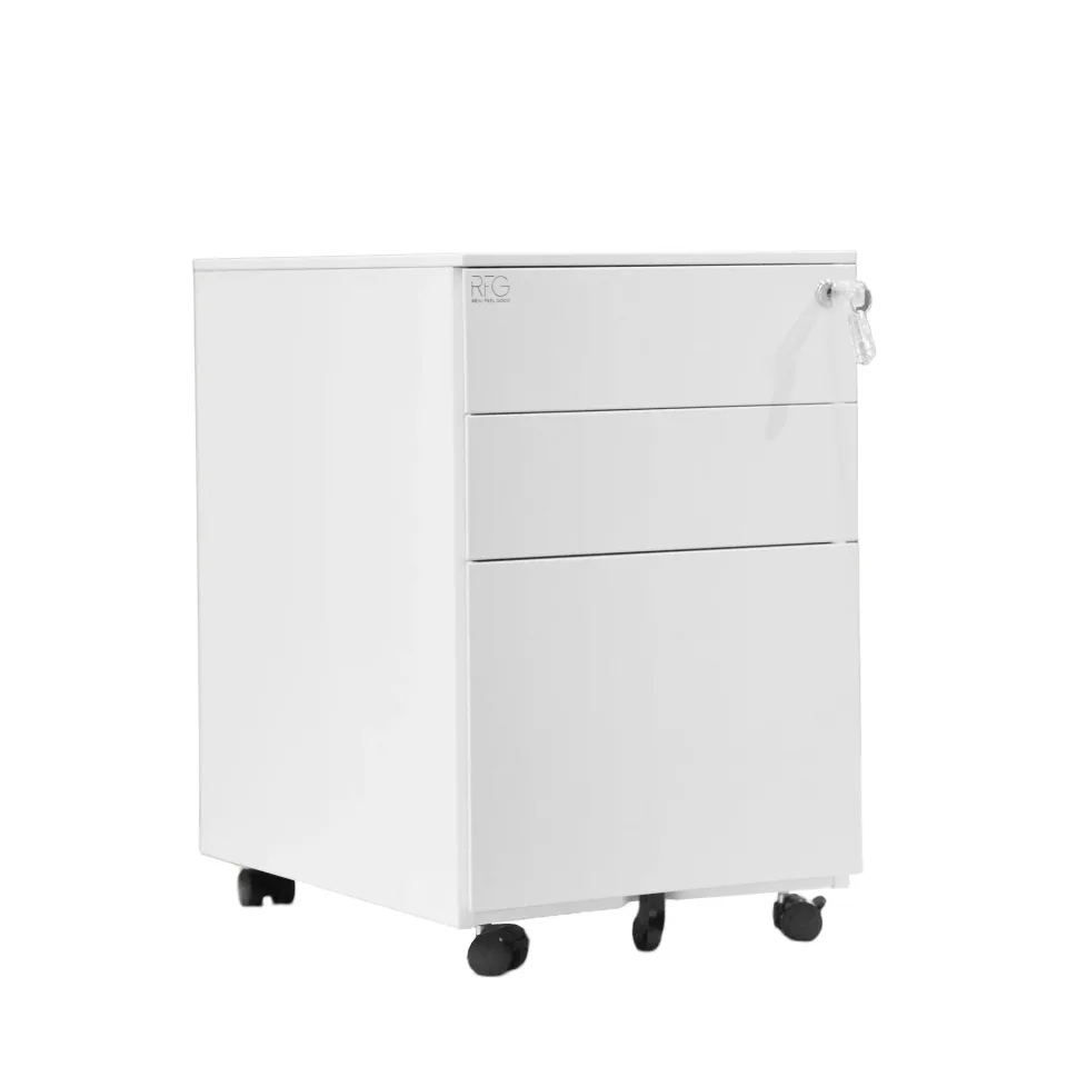 Pedestal RFG, metal, trei sertare cu încuietoare, 390 × 520 × 600 mm, alb
