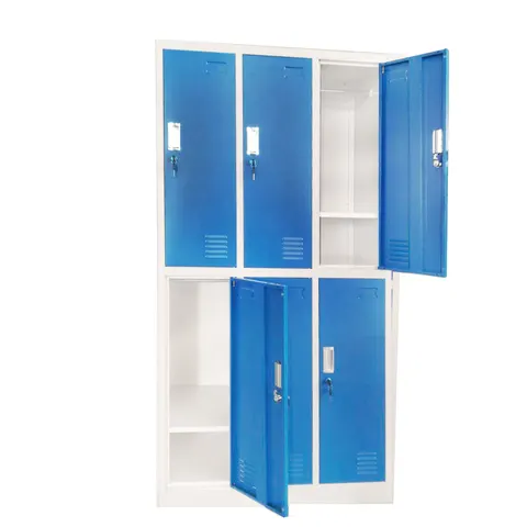 Dulap RFG, metalic, triplu, cu șase compartimente, 90 x 45 x 185 cm, corp gri, uși albastre