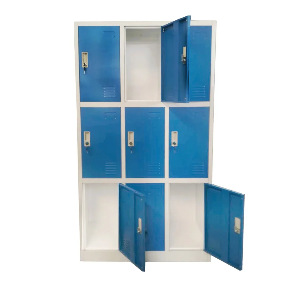 Dulap RFG, metalic, triplu, cu nouă compartimente, 90 x 45 x 185 cm, corp gri, uși albastre