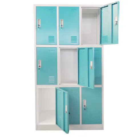 RFG Dulap metalic, triplu, cu nouă compartimente, 90 x 45 x 185 cm, corp gri, uși turcoaz