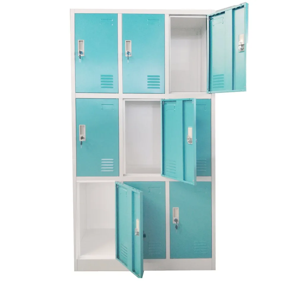 RFG Dulap metalic, triplu, cu nouă compartimente, 90 x 45 x 185 cm, corp gri, uși turcoaz