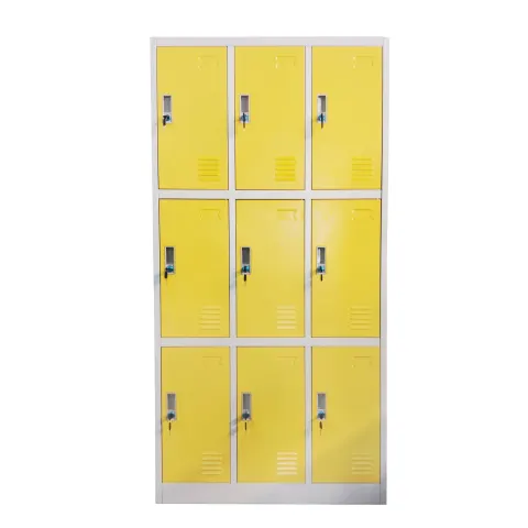Dulap RFG, metalic, triplu, cu nouă compartimente, 90 x 45 x 185 cm, corp gri, uși galbene