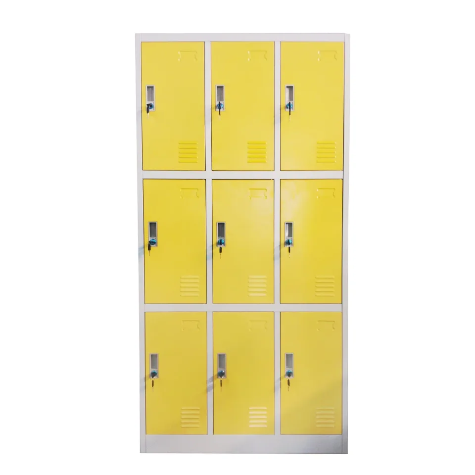 Dulap RFG, metalic, triplu, cu nouă compartimente, 90 x 45 x 185 cm, corp gri, uși galbene