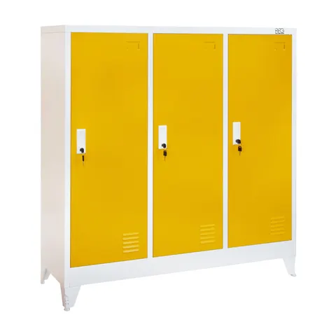 Dulap RFG, metalic, triplu, cu trei uși, 120 x 40 x 120 cm, alb, cu uși galbene