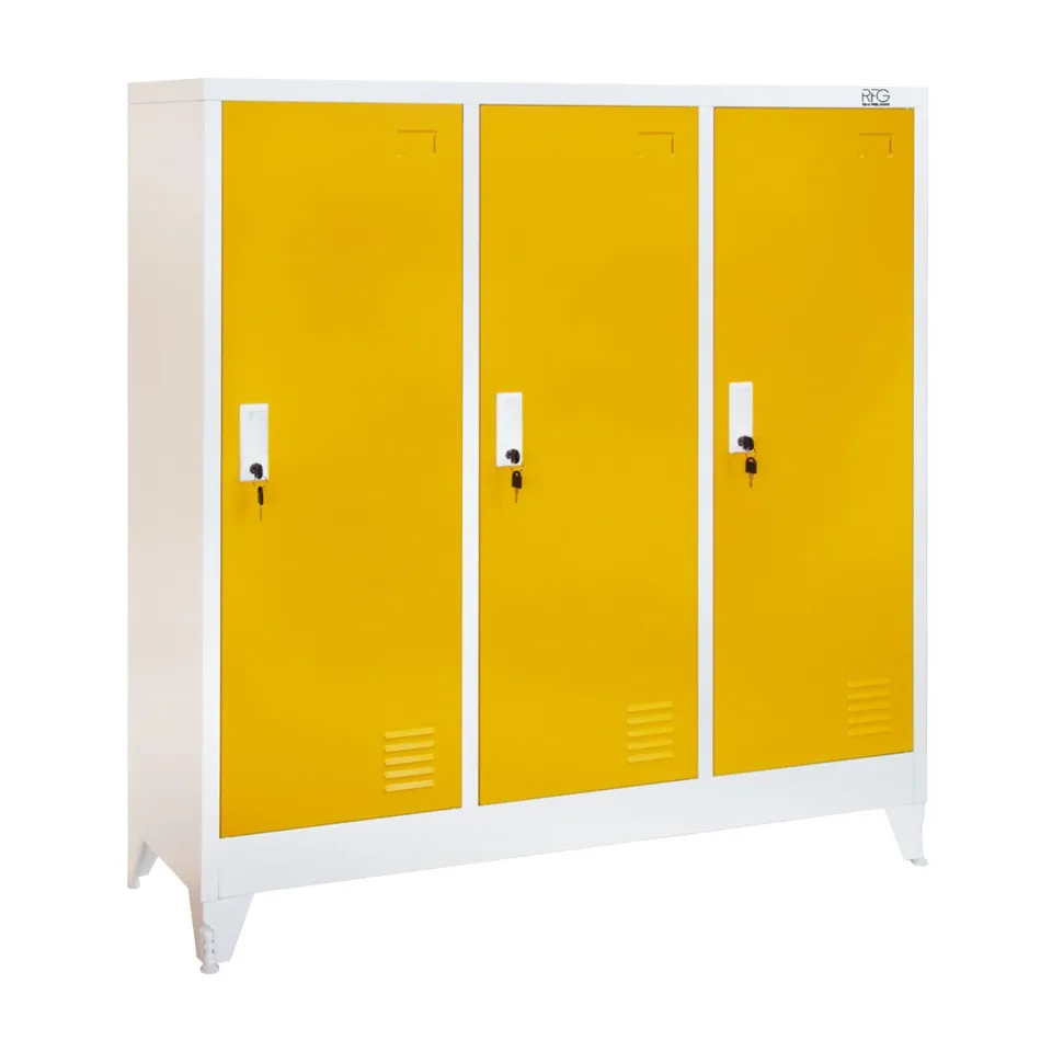 Dulap RFG, metalic, triplu, cu trei uși, 120 x 40 x 120 cm, alb, cu uși galbene
