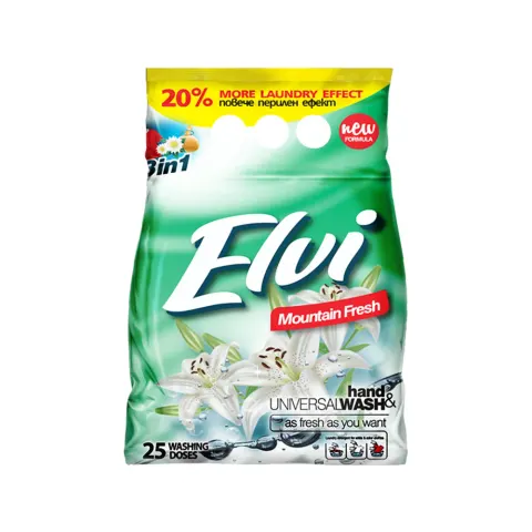 Detergent rufe Elvi, pulbere, pentru rufe albe și colorate, prospețime montană, 2 kg