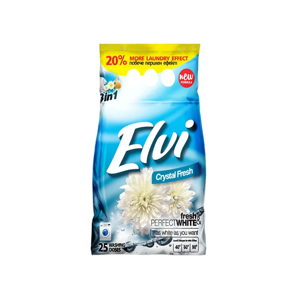 Detergent pentru rufe Elvi, pulbere, pentru rufe albe, prospețime cristalină, 2 kg