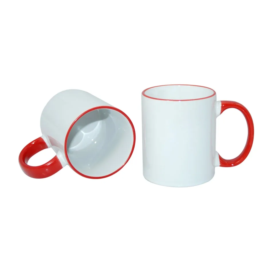 Cană ceramică, albă, cu mâner roșu