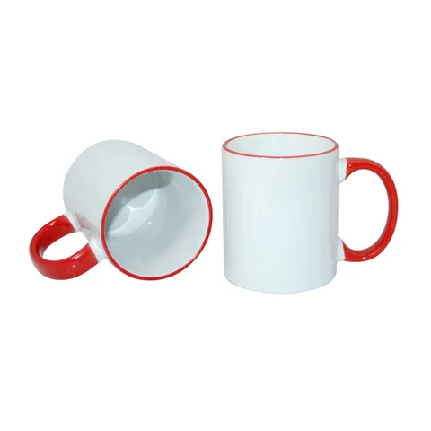 Cană ceramică, albă, cu mâner roșu