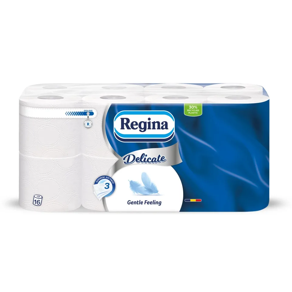 Hârtie igienică Regina Gentle, celuloză, trei straturi, 150 foi, 16 bucăți, 17.6 m