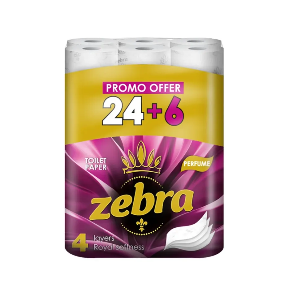 Hârtie igienică Zebra Perfume, 4 straturi, 130 foi, pachet de 24+6