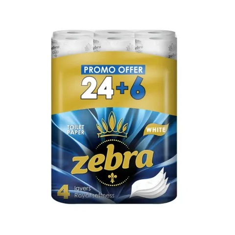 Hârtie igienică Zebra White, 4 straturi, 130 foi, pachet de 24+6