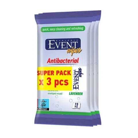 Șervețele umede Lavender Event, antibacteriene, 3 x 15 bucăți