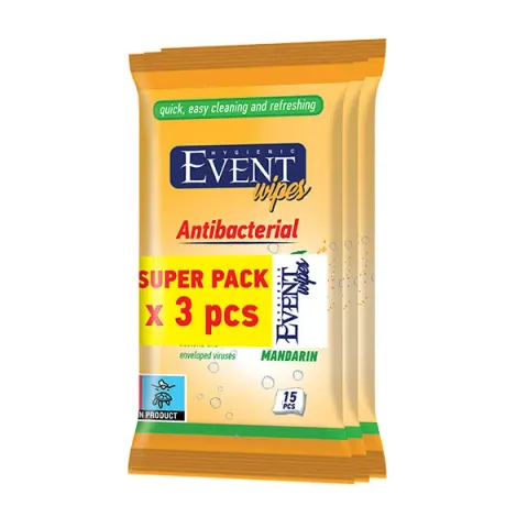 Șervețele umede Tangerine Event, antibacteriene, 3 x 15 bucăți