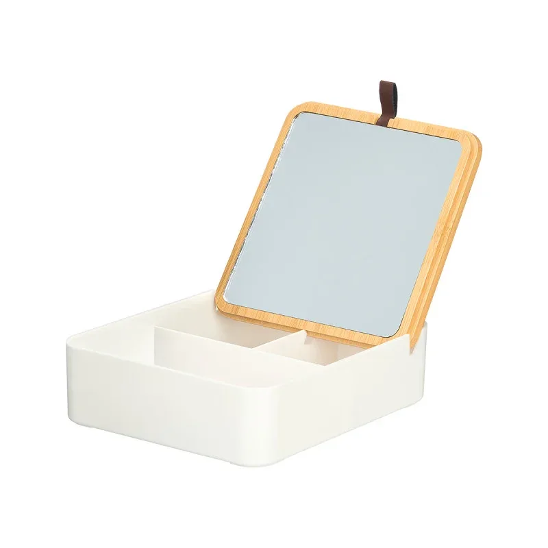 Organizer Berilo, cu oglindă, plastic și bambus, alb