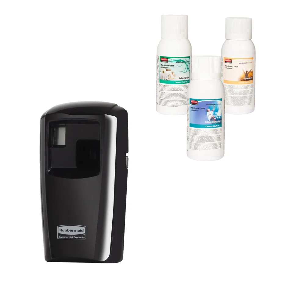 Dispenser Rubbermaid Microburst 3000, cu afișaj LCD, negru, pachet cu 3 rezerve Microburst 3000