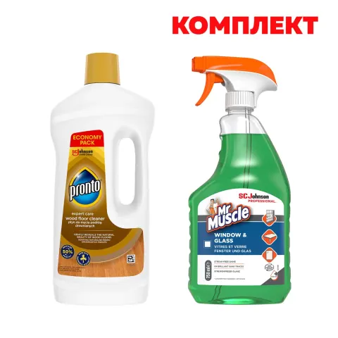 Detergent pentru curățarea pardoselilor Pronto și a pardoselilor din lemn Wood, 1 L, în set cu detergent Mr.Muscle pentru pahare și ferestre, 750 ml, 1.75 l