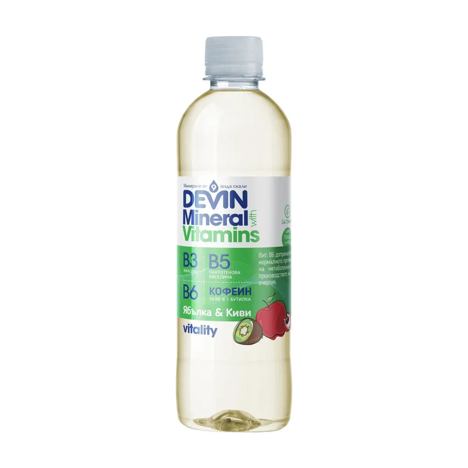 Devin Functional Water Minerals & Vitamins, Măr și Kiwi, cu Cofeină, 425 ml