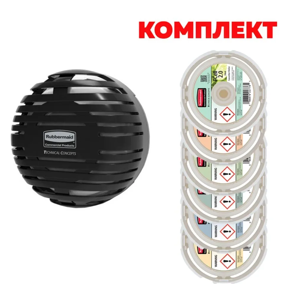 Dispenser de odorizant de aer Rubbermaid TCell 2.0, negru, cu 6 rezerve asortate incluse