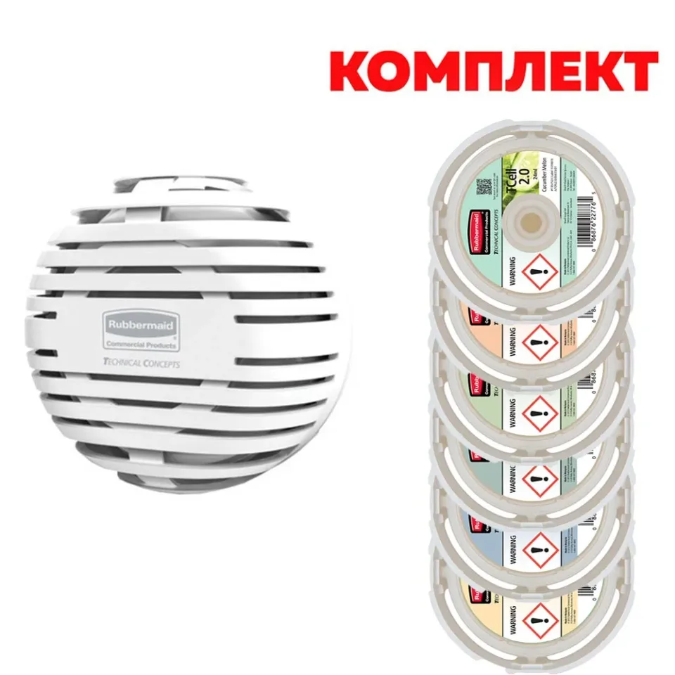 Dispozitiv odorizant Rubbermaid TCell 2.0, alb, cu 6 rezerve asortate incluse