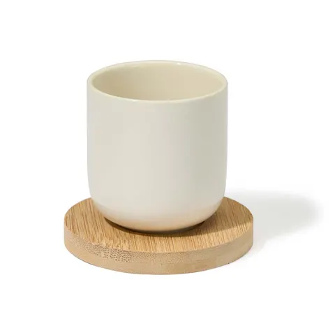 Set 4 căni de cafea Kinvara, cu suport din bambus, alb