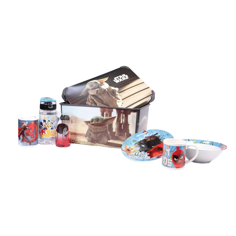 Disney Set The Mandalorian, cutie de depozitare 10 L, ceașcă, farfurie și castron pentru mic dejun, sticla Mickey 500 ml, pahar și ceașcă de porțelan