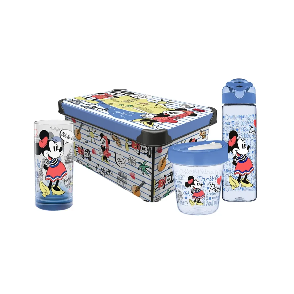 Set Disney Travel, cutie de depozitare 5 L, cană de călătorie 350 ml, sticlă de călătorie 630 ml, pahar 300 ml, albastru