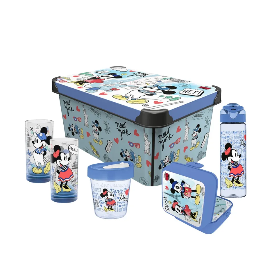 Set de călătorie Disney, cutie de depozitare 10 L, cutie 1 L, cană de călătorie 350 ml, sticlă de călătorie 630 ml, 2 pahare de sticlă 300 ml, albastru