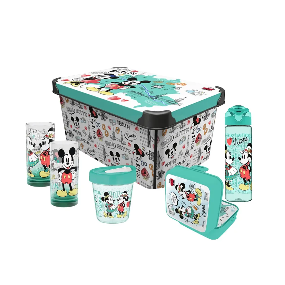 Set de călătorie Disney, cutie de depozitare 10 L, cutie 1 L, cană de călătorie 350 ml, sticlă de călătorie 630 ml, 2 pahare de sticlă 300 ml, verde