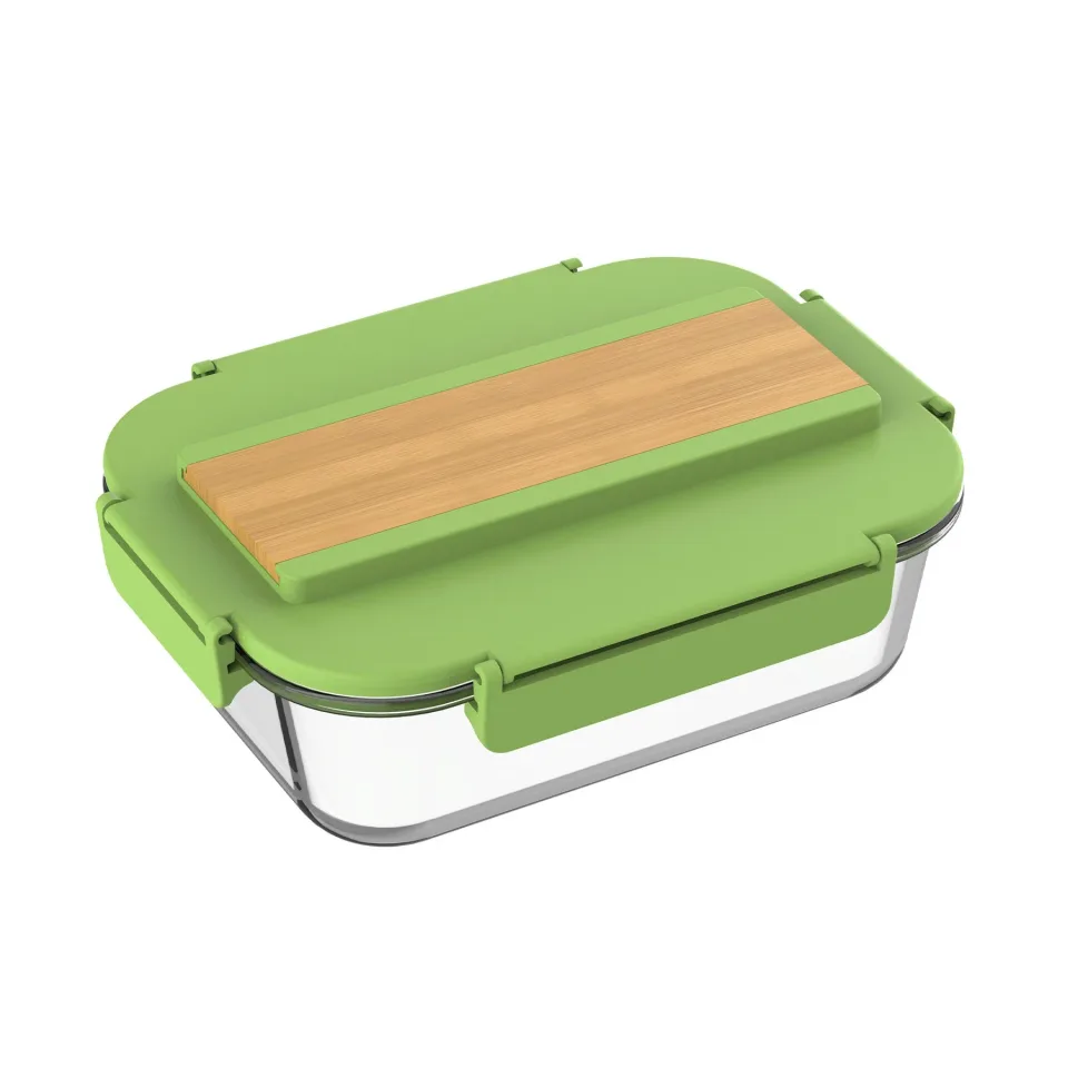 Recipient pentru mâncare, sticlă, cu tacâmuri în capac, 1040 ml, verde deschis