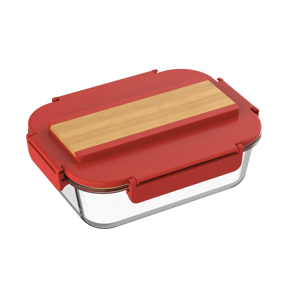 Caserolă de sticlă pentru prânz cu tacâmuri în capac, 1040 ml, roșu