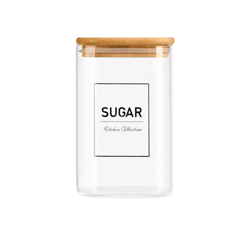 Borcan Vivalto, sticlă borosilicată, cu capac din bambus, etichetă „zahăr”, 1.2 L