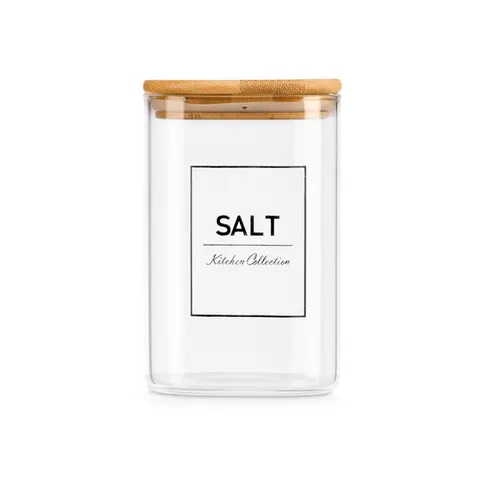 Borcan Vivalto, sticlă borosilicată, cu capac din bambus, etichetă „sare”, 1.2 L