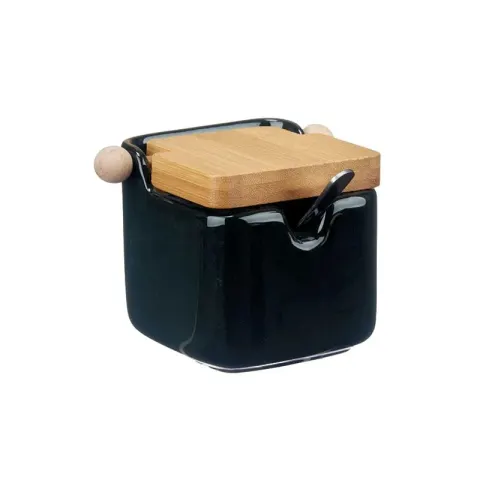 Recipient pentru zahăr Vessia, ceramică, cu capac din bambus, negru