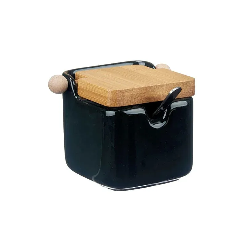 Recipient pentru zahăr Vessia, ceramică, cu capac din bambus, negru