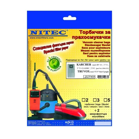 Sac pentru aspirator Karcher Nitec T433, T7/1, 5 bucăți, cu 2 microfiltre