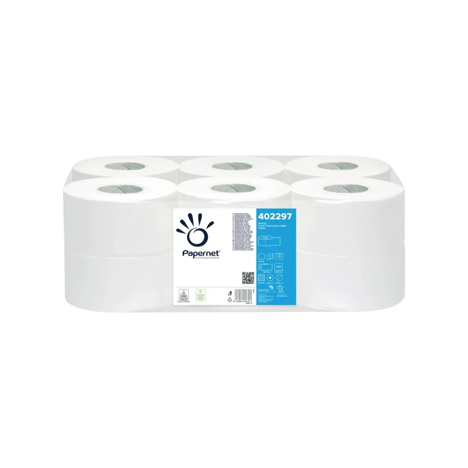 Hârtie igienică Papernet Mini Jumbo, două straturi, celuloză, 450 g, 12 bucăți, 459 foi, 140 m