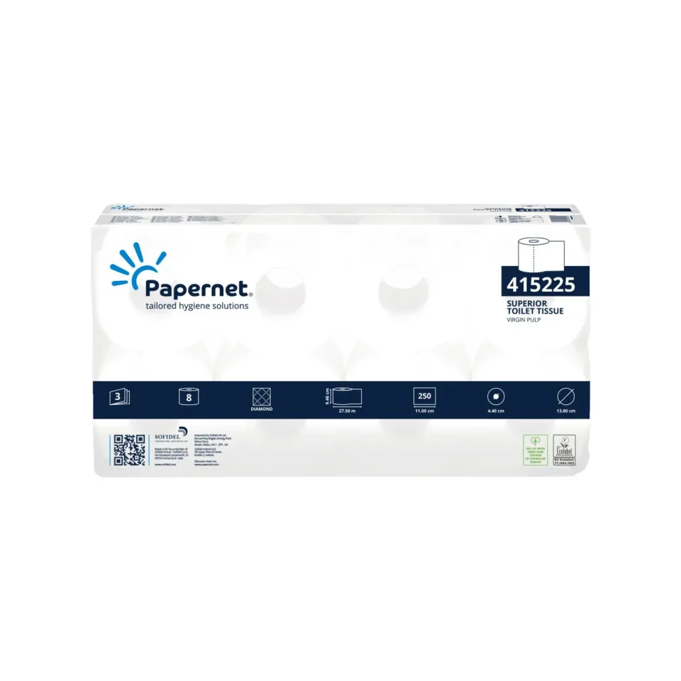 Hârtie igienică Papernet Superior, trei straturi, celuloză, 250 foi, 8 bucăți