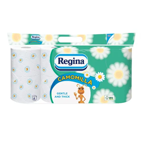 Hârtie igienică Regina Camomilla, celuloză, trei straturi, 150 foi, 8 bucăți