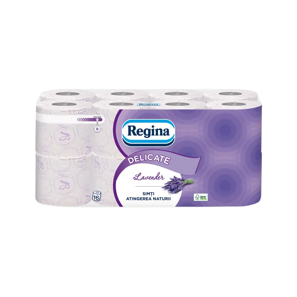 Hârtie igienică Regina Lavender, celuloză, trei straturi, 135 foi, 16 bucăți