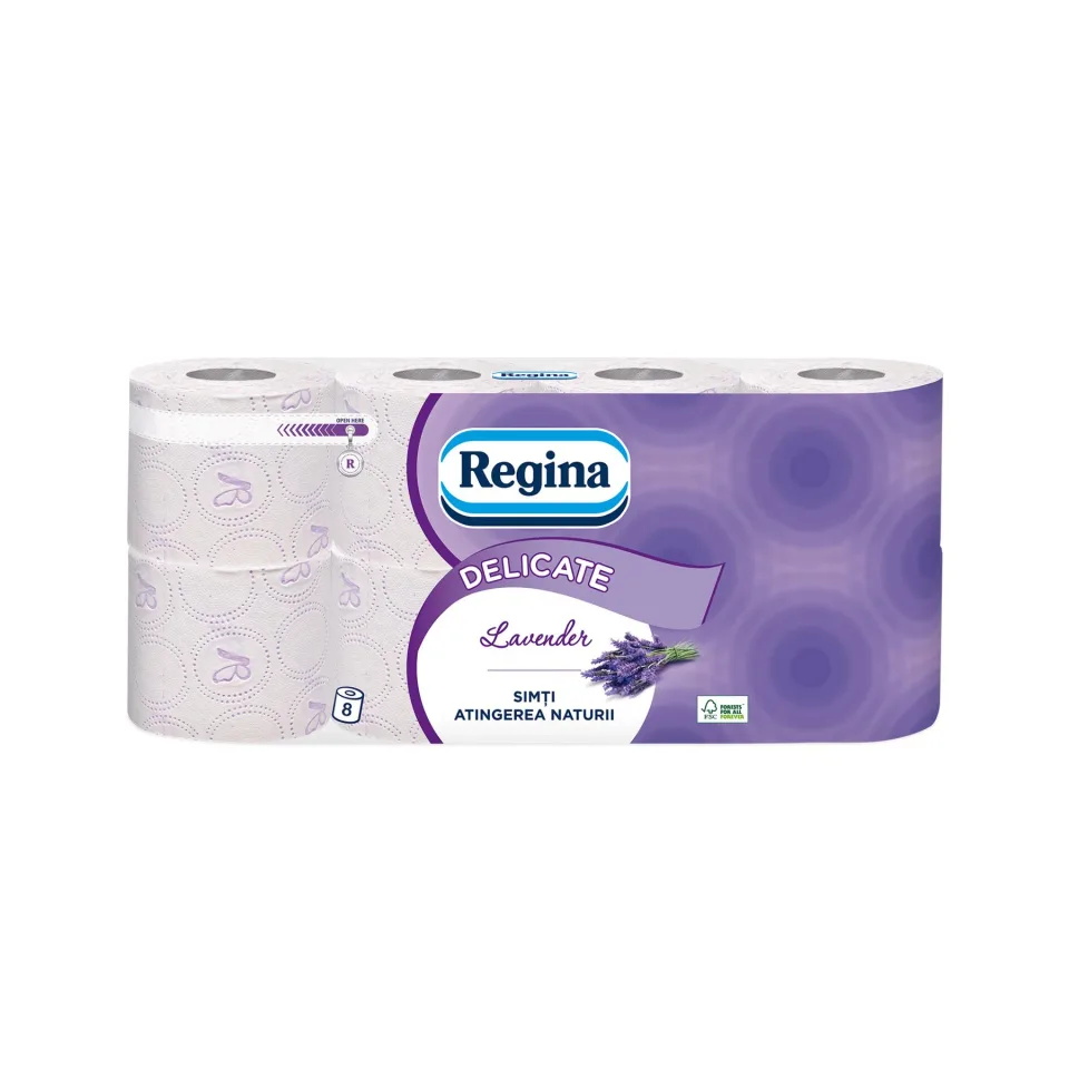 Hârtie igienică Lavender Regina, celuloză, triplu strat, 135 foi, 8 bucăți