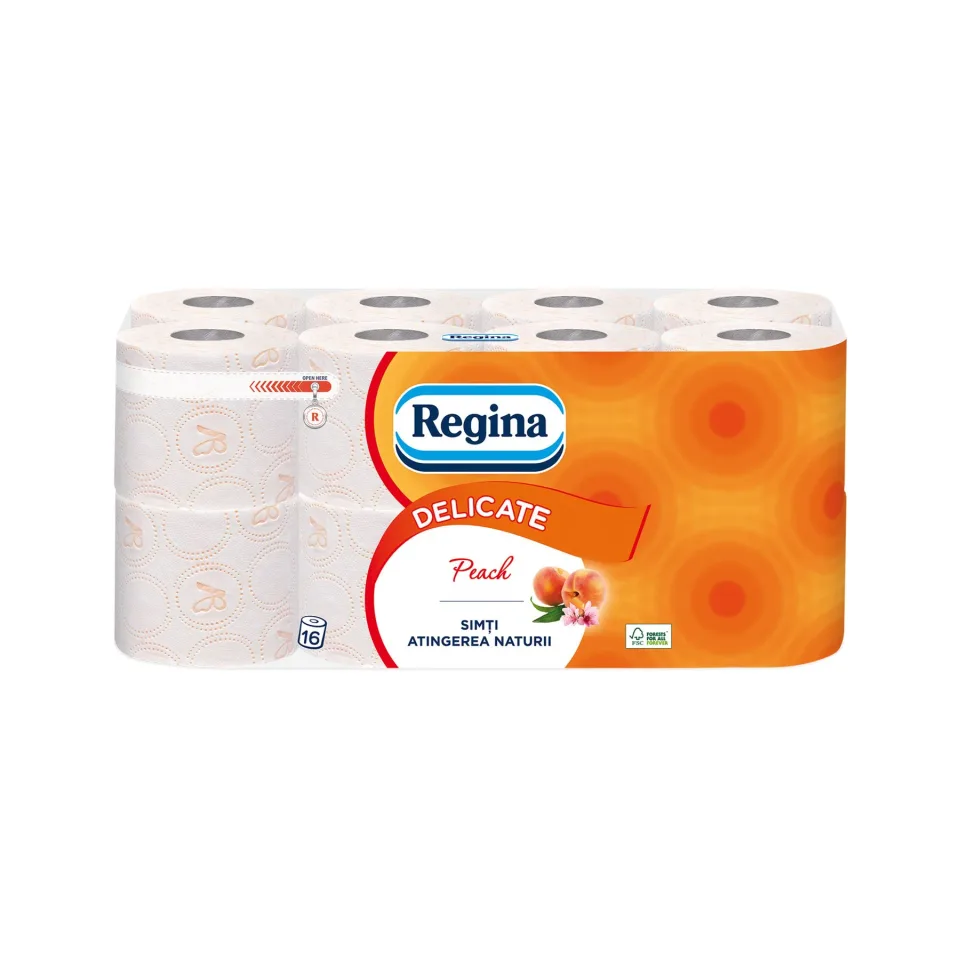 Hârtie igienică Regina Peach, celuloză, trei straturi, 135 foi, 16 bucăți