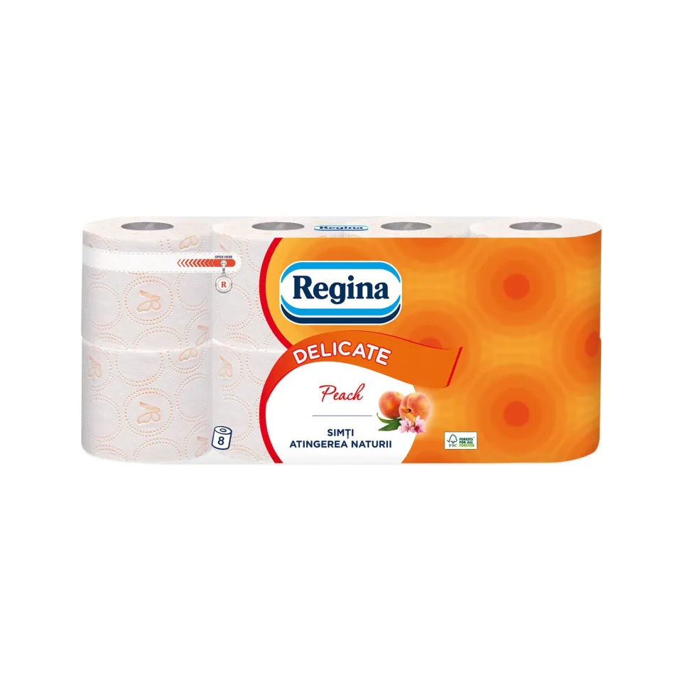 Hârtie igienică Regina Peach, celuloză, trei straturi, 135 file, 8 buc.