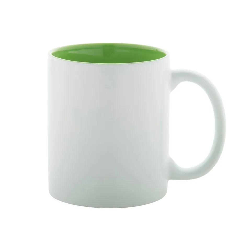 Cană, ceramică, albă, cu interior verde închis