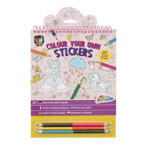 Carte de colorat Moxy Sticker, cu 3 creioane duble incluse, roz