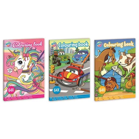 Carte de colorat Moxy, A4, 64 pagini, diverse - unicorn, animale și mașini, 48 buc