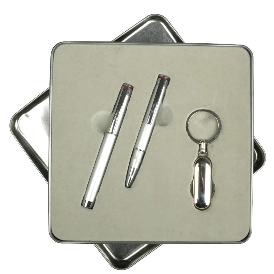 Set C'art Rotring, stilou, stilou cu peniță și breloc, în cutie metalică, argintiu