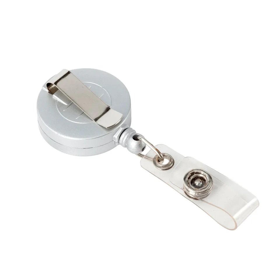 Rolă retractabilă pentru ecuson cu clips, rotundă, argintie, pachet de 50